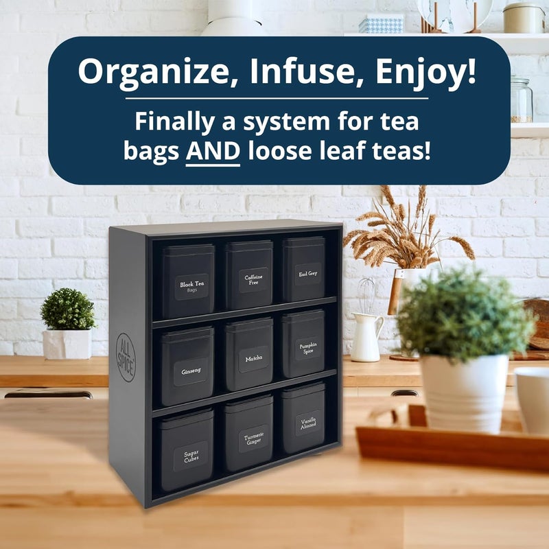 AllSpice Tea Organizer Rack with 9 Tins & 160 Magnetic Labels – Perfect for Bagged & Loose Leaf Tea Organization - Black - Image 3